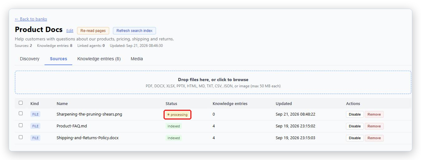 Sources tab with a newly uploaded image at processing and two indexed files