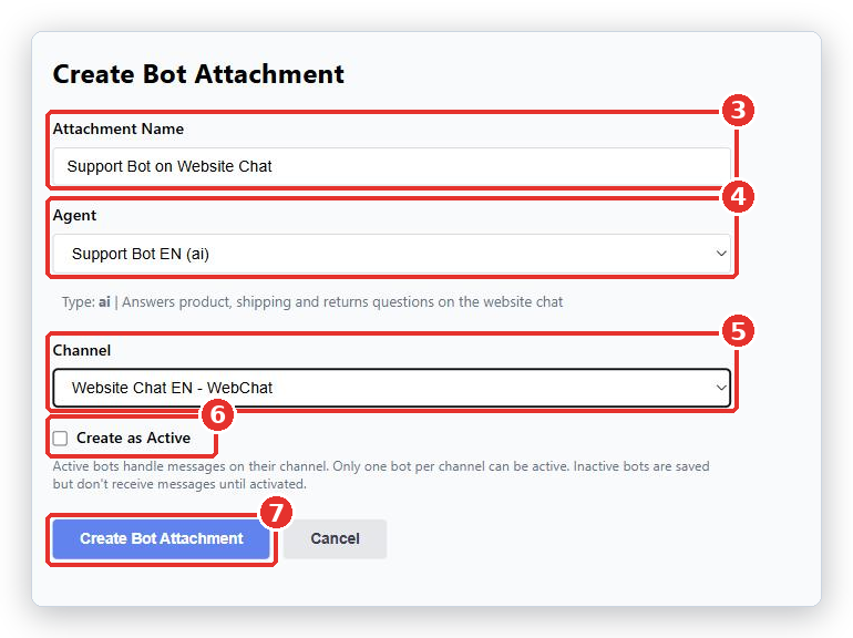 Create Bot Attachment form with Attachment Name (3), Agent (4), Channel (5), Create as Active (6) and the Create Bot Attachment button (7) marked