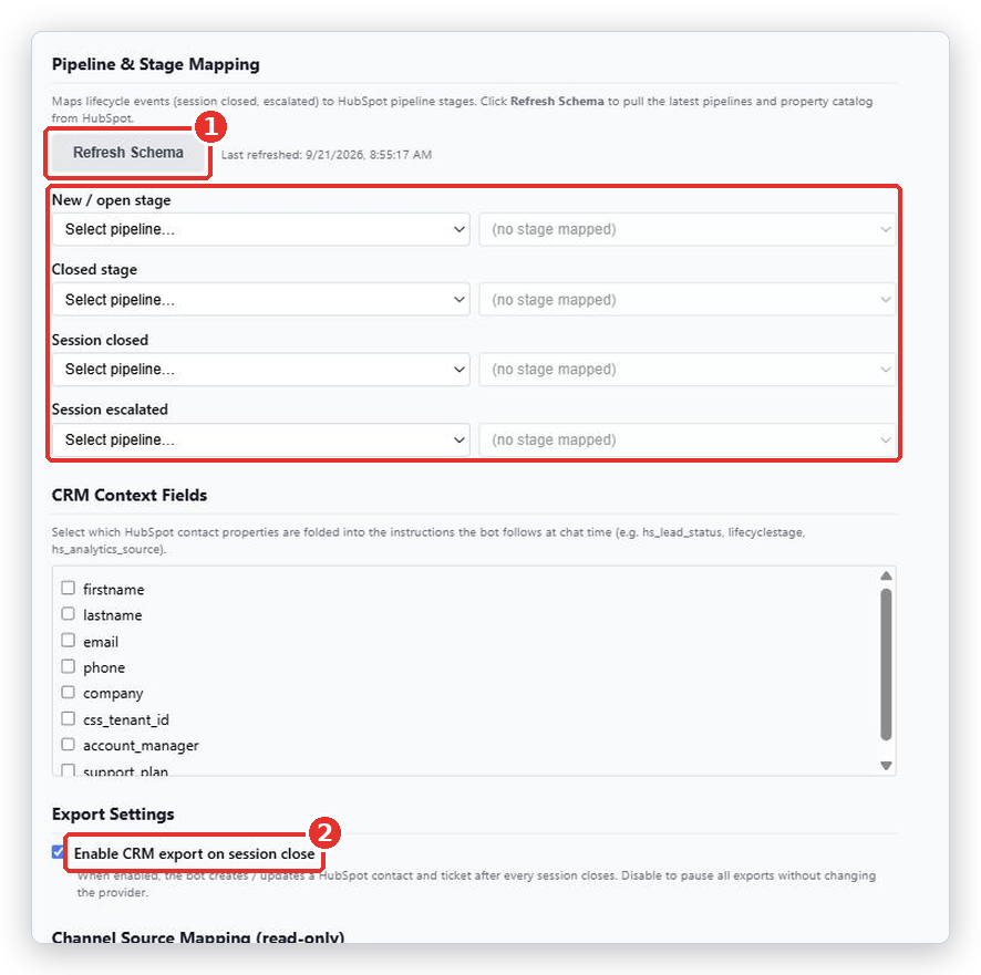 Pipeline & Stage Mapping with the Refresh Schema button (1) and the four stage rows, then Export Settings with Enable CRM export on session close (2) marked