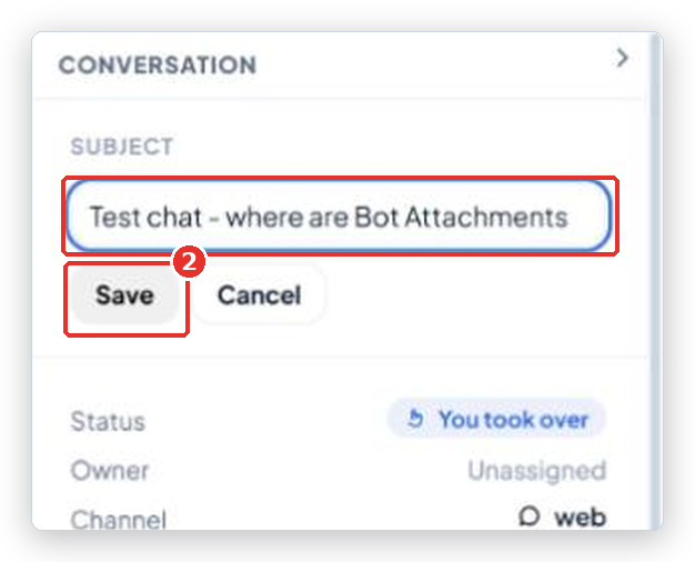 Subject box in edit mode with the Save button (2) marked