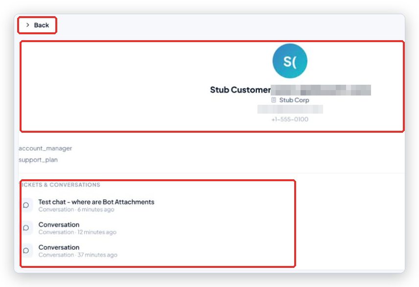 Contact page with the summary at the top and the Tickets & conversations list marked