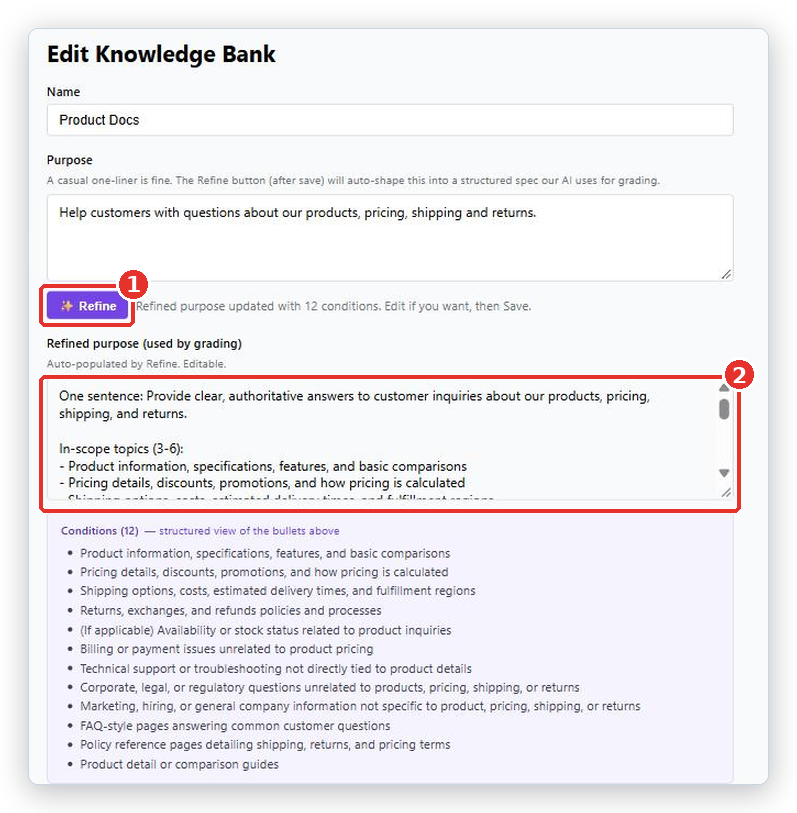 Edit Knowledge Bank page after pressing Refine: the Refine button (1) and the filled Refined purpose box (2) marked, with the Conditions list under it