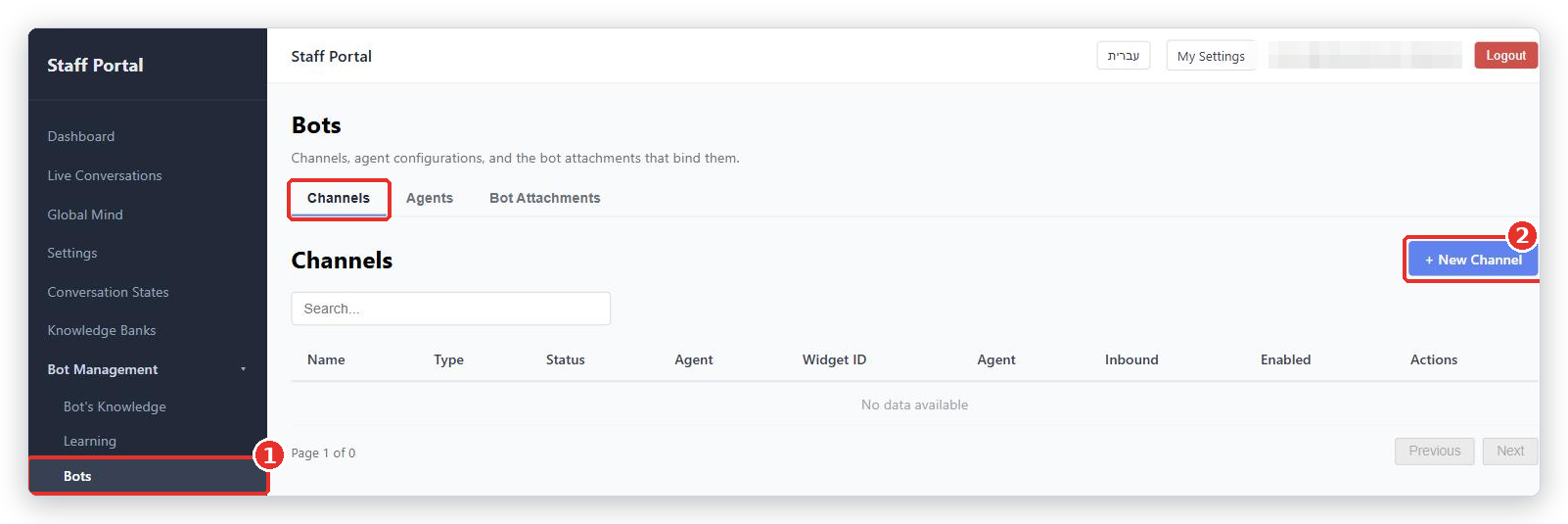 Bots page, Channels tab, with the Bots menu entry (1) and the + New Channel button (2) marked
