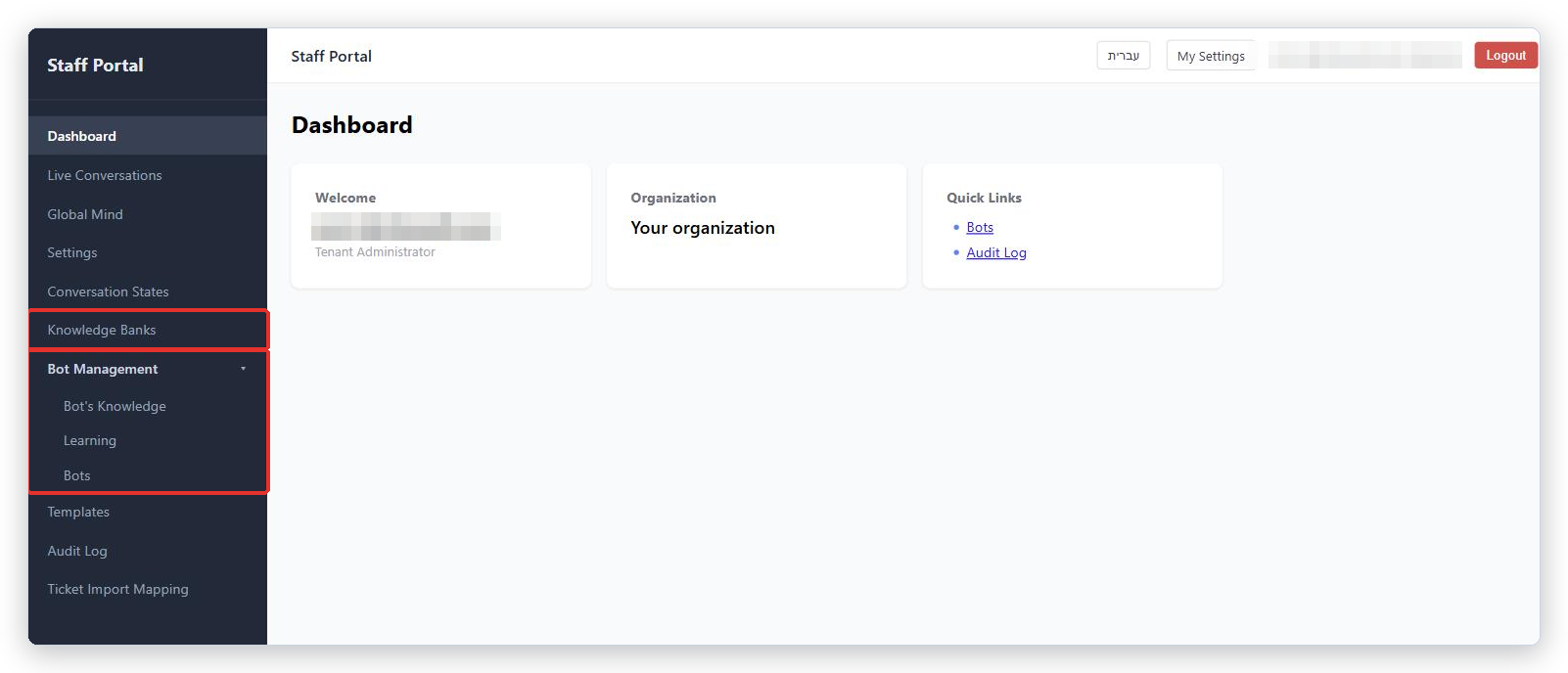 Staff Portal Dashboard with the left menu. Knowledge Banks and the Bot Management group (Bot's Knowledge, Learning, Bots) are marked