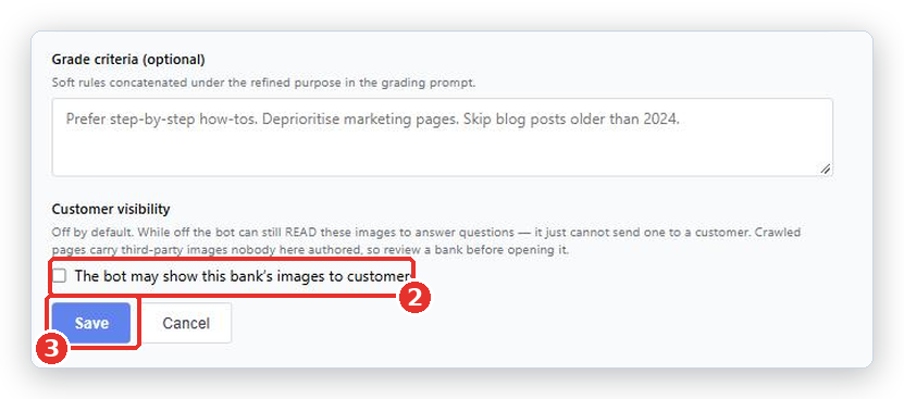 Bottom of the Edit Knowledge Bank form: the Customer visibility section, the tick box The bot may show this bank's images to customers (2) and the Save button (3) marked
