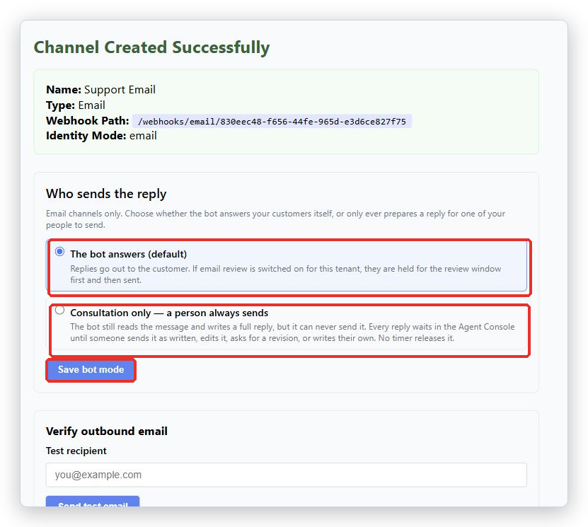 Email Channel page: the Who sends the reply card with The bot answers (default) and Consultation only marked, and the Save bot mode button