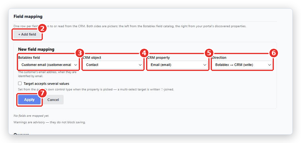 Field mapping section: + Add field (2), and the New field mapping row with Botablex field (3), CRM object (4), CRM property (5), Direction (6) and Apply (7) marked