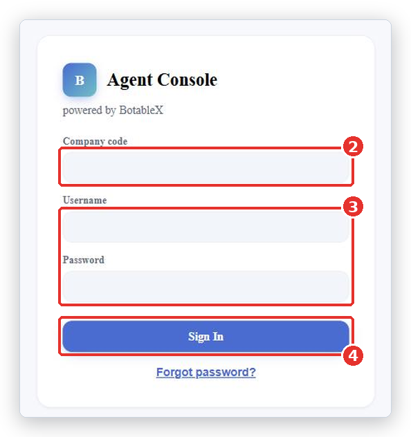 Agent Console sign-in card with Company code (2), Username and Password (3) and the Sign In button (4) marked
