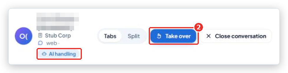 Conversation header with the Take over button (2) marked, and the state badge