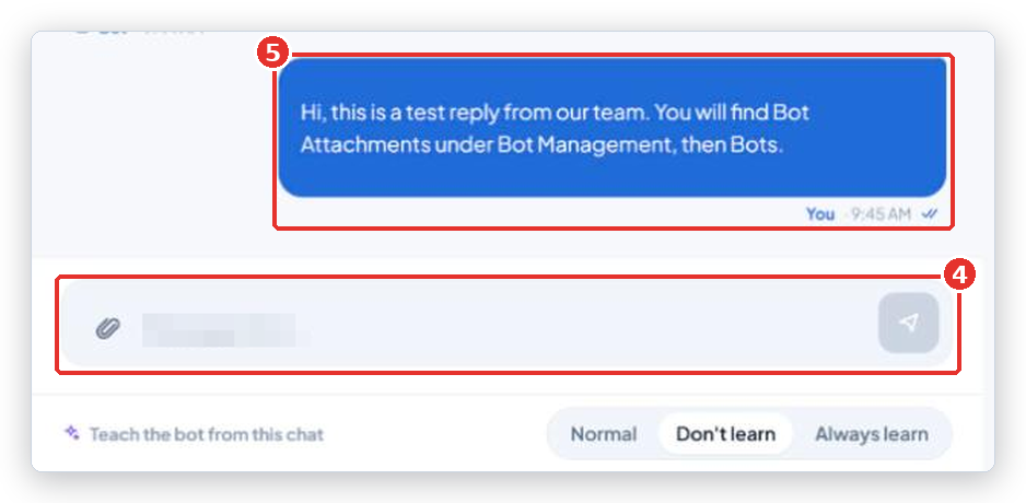 Customer chat with the Message box (4) and a sent agent message marked You (5)