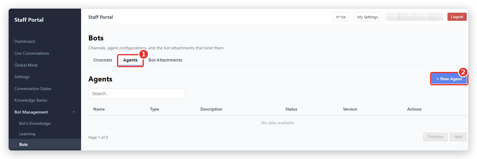 Bots page, Agents tab (1), with the + New Agent button (2) marked