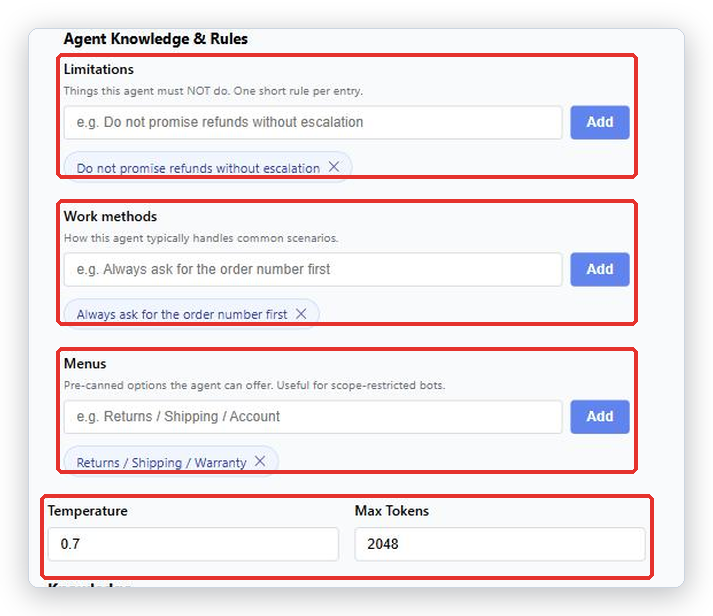 Agent Knowledge & Rules section with Limitations, Work methods and Menus, each holding one rule, and the Temperature and Max Tokens fields below