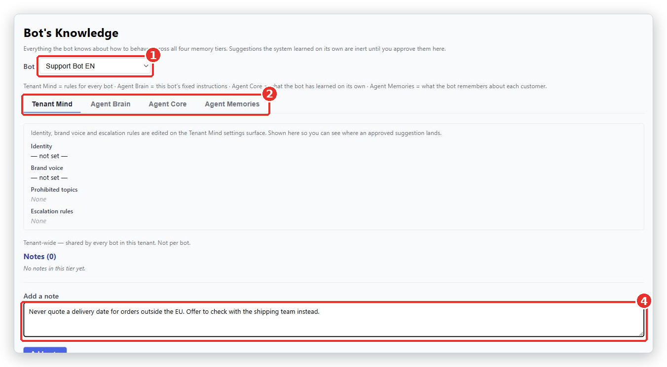 Bot's Knowledge page: the Bot picker (1), the four level tabs (2) and the Add a note box (4) with a rule typed in